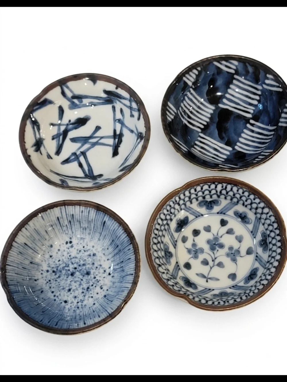 Set of 4 Japanese Ceramic Dipping Bowls Blue White Assorted Small Sauce Dishes